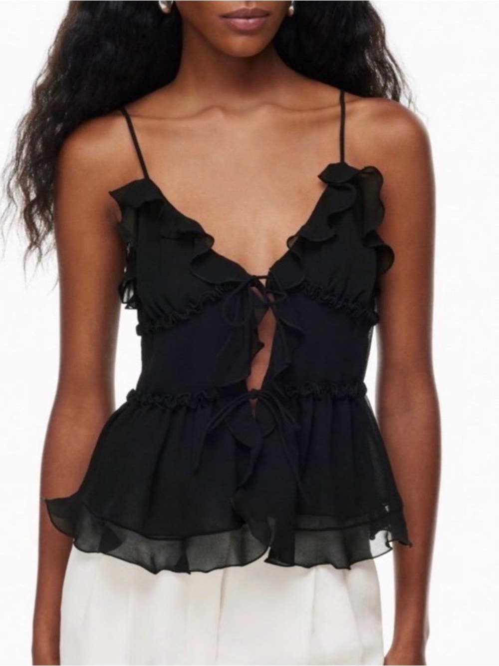 Aritzia Black Ruffle Tie-Front Spaghetti Strap Tank